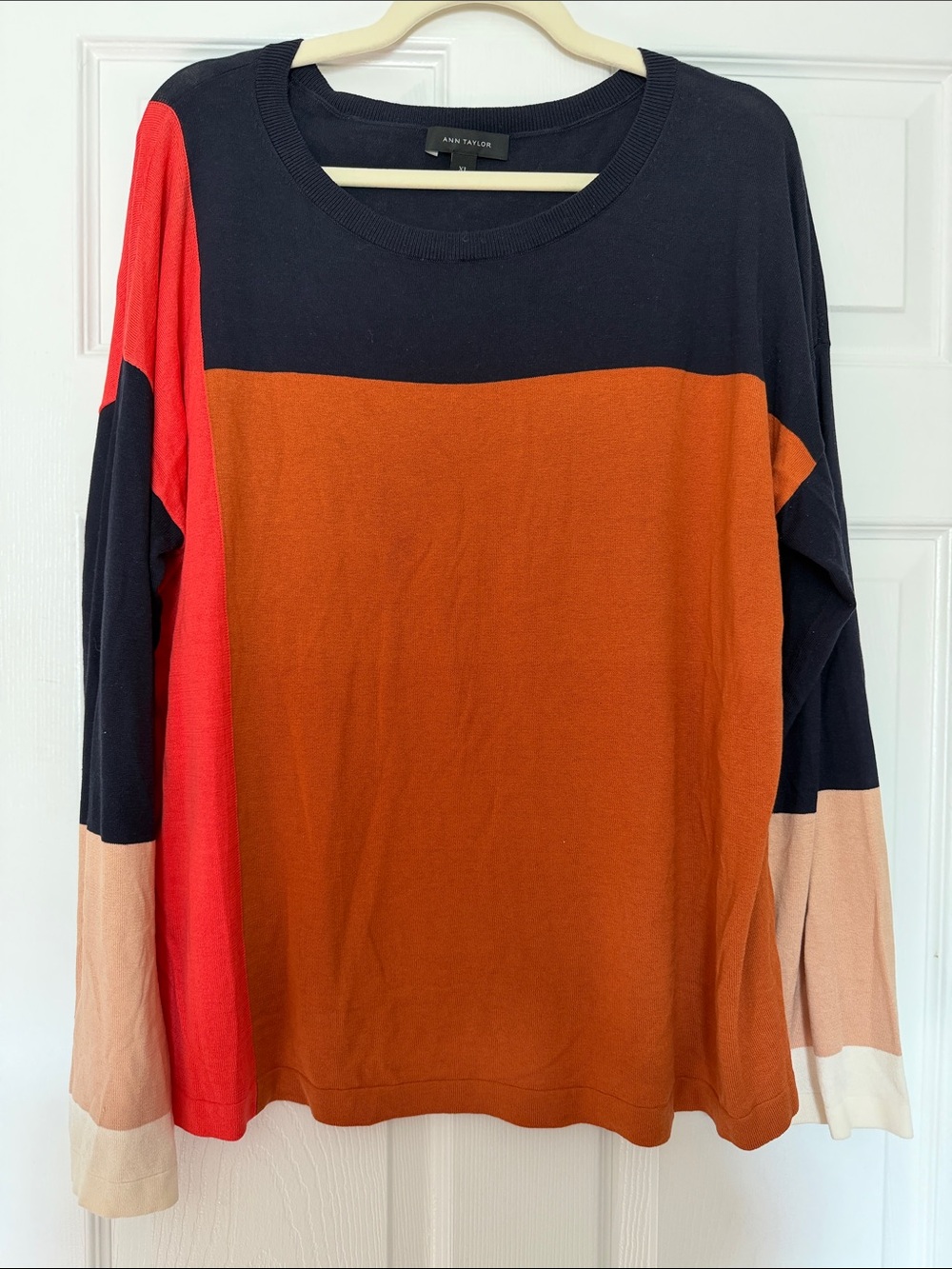 Ann Taylor Colorblock Crewneck Sweater in Black, Rust, Red & Cream